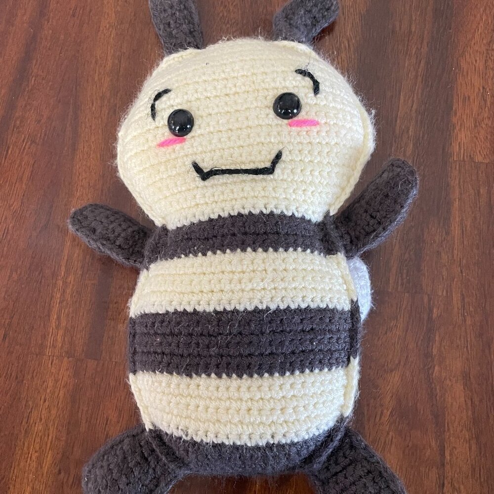 Crochet Handmade Bumble Bee Plush Mini Throw Pillow Yellow Black 11" Tall